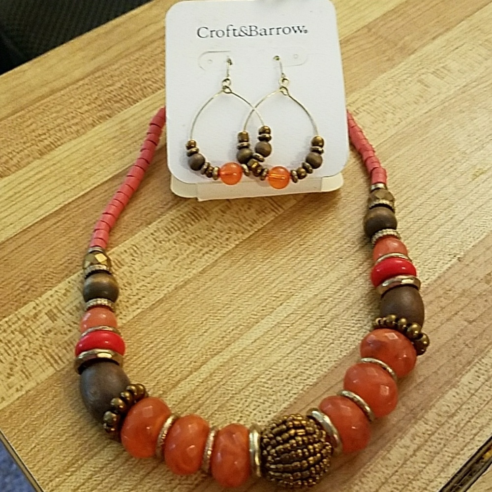 Orange and brown bead necklace and earrings